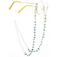 18K Gold Glasses Chain, with Seedbead & turquoise, plated, anti-skidding & glass pattern design, blue, 840mm, Sold By Set