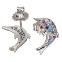Brass Stud Earring, Dolphin, plated, micro pave cubic zirconia & for woman, 9x13mm, 20Pairs/Lot, Sold By Lot