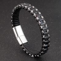Men Bracelet, Titanium Steel, with PU Leather, polished, for man, black, Length:Approx 8.26 Inch, Sold By PC