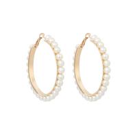 alliage de zinc boucle d'oreille cercle, avec perle de plastique, beignet, Placage de couleur d'or, pour femme, 60mm, Vendu par paire