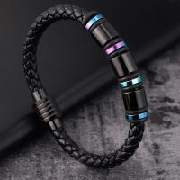 Men Bracelet Titanium Steel with PU Leather Double Layer & for man black Sold By PC
