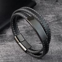 Men Bracelet Titanium Steel with PU Leather polished dyed & for man & multi-strand black 21cm Sold By PC