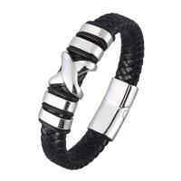 Bracelet homme, Cuir de vachette couche, avec acier inoxydable, Placage, bijoux de mode & unisexe, noire, Vendu par brin