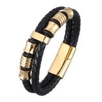 Men Bracelet Split Layer Cowhide Leather with Stainless Steel plated fashion jewelry & Unisex black Sold By Strand