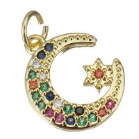 Cubic Zirconia Micro Pave Brass Pendant, Moon and Star, gold color plated, micro pave cubic zirconia, 13x15x3mm, Hole:Approx 3.5mm, 20PCs/Lot, Sold By Lot