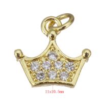 Cubic Zirconia Micro Pave Brass Pendant, Crown, gold color plated, micro pave cubic zirconia, 10x10.50x2mm, Hole:Approx 2.5mm, 20PCs/Lot, Sold By Lot