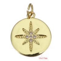Cubic Zirconia Micro Pave Brass Pendant, Round, gold color plated, micro pave cubic zirconia, 14x17x1.50mm, Hole:Approx 3.5mm, 20PCs/Lot, Sold By Lot