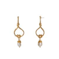 Tibetan Style Drop Earrings, with Freshwater Pearl, gold color plated, for woman, white, nickel, lead & cadmium free, 22x66mm, 2Pairs/Bag, Sold By Bag