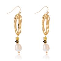 Tibetan Style Drop Earrings, with Freshwater Pearl, gold color plated, for woman, white, nickel, lead & cadmium free, 11x55mm, 2Pairs/Bag, Sold By Bag