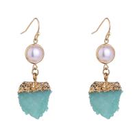 Tibetan Style Drop Earrings, with Ice Quartz Agate & Freshwater Pearl, gold color plated, for woman, blue, nickel, lead & cadmium free, 15x45mm, 2Pairs/Bag, Sold By Bag