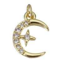 Cubic Zirconia Micro Pave Brass Pendant, Moon and Star, gold color plated, micro pave cubic zirconia, 10x13x2mm, 20PCs/Lot, Sold By Lot
