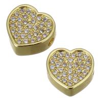Perles cubes en laiton zircon Micro Pave, coeur, Placage de couleur d'or, pavé de micro zircon, 10x10x4mm, Trou:Environ 1.5mm, 20pairescouple/lot, Vendu par lot