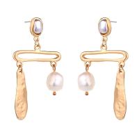 Tibetan Style Drop Earrings, with Freshwater Pearl, gold color plated, for woman, white, nickel, lead & cadmium free, 26x52mm, 2Pairs/Bag, Sold By Bag