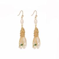 Freshwater Pearl Earrings, Tibetan Style, with 925 Sterling Silver, gold color plated, for woman, white, nickel, lead & cadmium free, 14x56mm, Sold By Pair