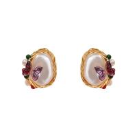 Freshwater Pearl Earrings, Tibetan Style, with 925 Sterling Silver, gold color plated, for woman, white, nickel, lead & cadmium free, 18x20mm, Sold By Pair