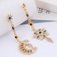 Tibetan Style Asymmetric Earrings, Moon and Star, gold color plated, for woman & with rhinestone, nickel, lead & cadmium free, 68x18mm, Sold By Pair