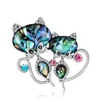 Tibetan Style Brooches, with Abalone Shell, Cat, silver color plated, for woman & with rhinestone, nickel, lead & cadmium free, 44x40mm, Sold By PC