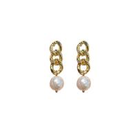 Freshwater Pearl Earrings, Tibetan Style, gold color plated, for woman, white, nickel, lead & cadmium free, 15x35mm, Sold By Pair