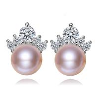 Brass Stud Earring, with pearl, Crown, plated, fashion jewelry & with cubic zirconia, more colors for choice, 8mm, Sold By Pair