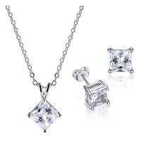 Brass Jewelry Set, Stud Earring & necklace, with Cubic Zirconia, Square, plated, 2 pieces & fashion jewelry & for woman & with cubic zirconia, silver color, 8*15mmuff0c6*6mm, Sold By Set