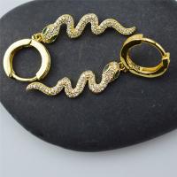 Huggie Hoop Drop Earring, Brass, Snake, gold color plated, micro pave cubic zirconia & for woman, 40mm, Sold By Pair