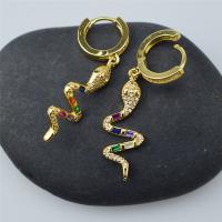 Huggie Hoop Drop Earring, Brass, Snake, gold color plated, micro pave cubic zirconia & for woman, 47mm, Sold By Pair