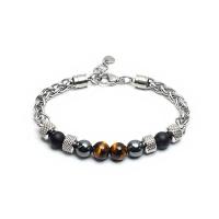 Natural Gemstone Beads & Stainless Steel Finding Bracelets Abrazine Stone & Tiger Eye Stone with 1.18inch extender chain Round & for man 8mm Approx 7.4 Inch Sold By Lot