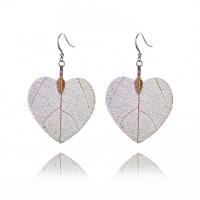Brass Drop Earring, with Real Leaf, Heart, plated, natural & Unisex, white and black, 38x44mm, Hole:Approx 3.5mm, Sold By Pair