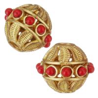 Hollow Brass Beads, with Plastic, gold color plated, red, 13.5x11x13.5mm, Hole:Approx 3mm, 30PCs/Lot, Sold By Lot