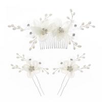 Zinc Alloy Hair Jewelry Set hair comb & hair stick with Cloth silver color plated three pieces & for woman & with rhinestone white nickel lead & cadmium free Sold By PC