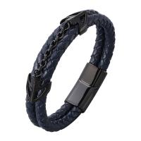 Men Bracelet 316L Stainless Steel with Split Layer Cowhide Leather plated fashion jewelry dark blue 6mmX2mm Sold By Strand