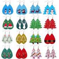 Christmas Earrings, PU Leather, with Tibetan Style, printing, Christmas jewelry & different styles for choice & different designs for choice & for woman, more colors for choice, 35x75mm,45x75mm, 10Pairs/Lot, Sold By Lot