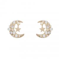 Zinc Alloy Stud Earring with Plastic Pearl Moon and Star gold color plated fashion jewelry & for woman & with rhinestone nickel lead & cadmium free Sold By Pair
