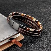 Men Bracelet, Stainless Steel, with PU Leather & Gemstone, plated, for man & multi-strand, brown, 21.5CM, Sold By PC