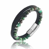 Men Bracelet, Stainless Steel, with PU Leather & Gemstone, plated, for man & multi-strand, green, 21.5CM, Sold By PC