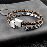 Men Bracelet Stainless Steel with PU Leather plated for man & multi-strand brown 21.5CM Sold By PC
