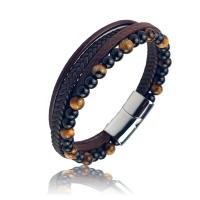 Bracelet homme, acier inoxydable, avec cuir PU & pierre gemme, Placage, pour homme & à fils multiples, brun, 21.5CM, Vendu par PC
