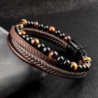 Men Bracelet Stainless Steel with PU Leather & Gemstone plated for man & multi-strand brown 21.5CM Sold By PC