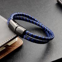 Men Bracelet Stainless Steel with PU Leather plated for man blue 21.5CM Sold By PC
