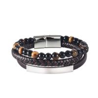 Men Bracelet Stainless Steel with PU Leather & Gemstone plated for man & multi-strand coffee color 21.5CM Sold By PC