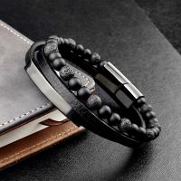Bracelet homme, acier inoxydable, avec cuir PU & pierre gemme, Placage, pour homme & à fils multiples, noire, 21.5CM, Vendu par PC