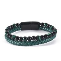 Men Bracelet Stainless Steel with PU Leather & Gemstone plated for man & multi-strand green 21.5CM Sold By PC