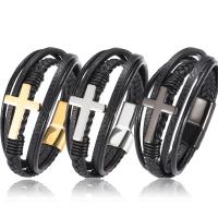 Men Bracelet, Stainless Steel, with PU Leather, plated, for man & multi-strand, more colors for choice, 21.5cm, Sold By PC