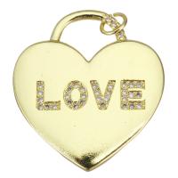 Cubique Pendentif en laiton zircon pavent, coeur, Placage de couleur d'or, avec le motif de lettre & pavé de micro zircon, 25x28x2mm, Trou:Environ 3.5mm, 10PC/lot, Vendu par lot