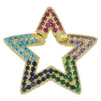 laiton porte-clés mousqueton, étoile, Placage de couleur d'or, pavé de micro zircon, multicolore, 27.5x26x3.5mm, 5PC/lot, Vendu par lot