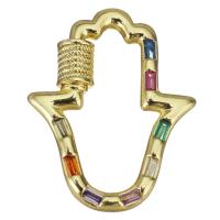 Messing Karabijnhaak sleutelhanger, Hand, gold plated, micro pave zirconia, multi-gekleurde, 22x27x5mm, 10pC's/Lot, Verkocht door Lot
