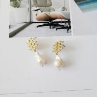 Freshwater Pearl Earrings Brass with Freshwater Pearl gold color plated for woman white nickel lead & cadmium free 38mm Sold By Pair