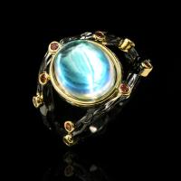 Brass δάχτυλο του δακτυλίου, Ορείχαλκος, με Φεγγαρόπετρα, κοσμήματα μόδας, μαύρος, Sold Με PC