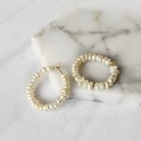Brass Huggie Hoop Earring, with Freshwater Pearl, gold color plated, for woman, white, nickel, lead & cadmium free, 28mm, Sold By PC