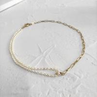 Freshwater Pearl Brass Chain Necklace, cobre, with Pérolas de água doce, cromado de cor dourada, para mulher, branco, níquel, chumbo e cádmio livre, vendido para 20.47 inchaltura Strand